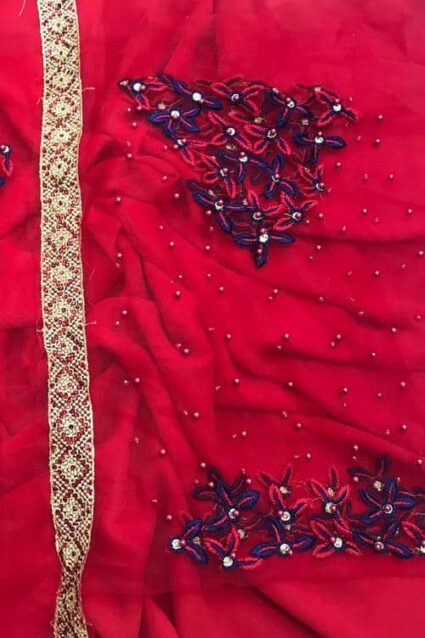 Red Plain Georgette Sequin Saree