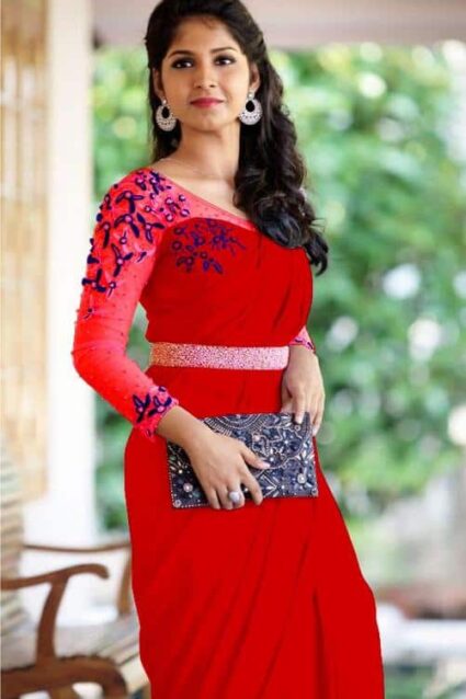Red Plain Georgette Sequin Saree