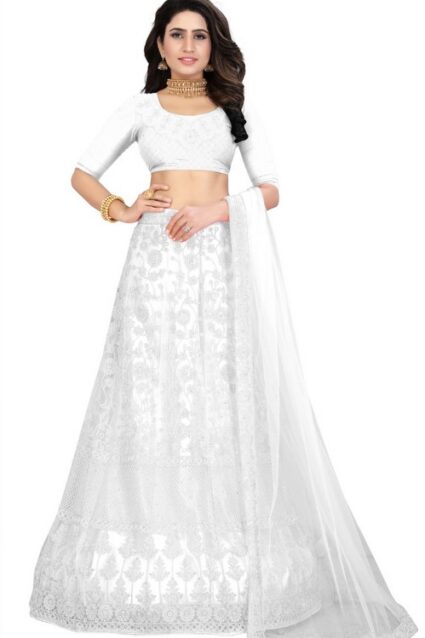 White Colour  Chain Work Net Lahenga
