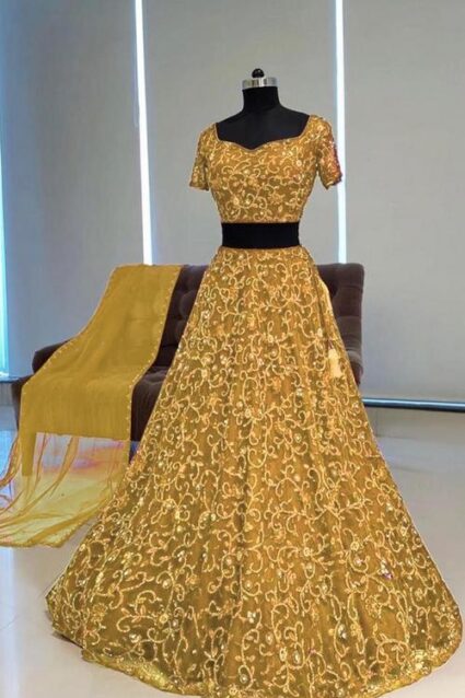 Yellow Colour Designer Chain Work Net Lahenga