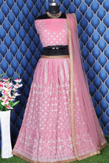 Peach Colour Embroidery Work Designer  Georgette Lehenga