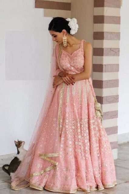 Peach Colour Embroidery Work Designer  Georgette Lehenga