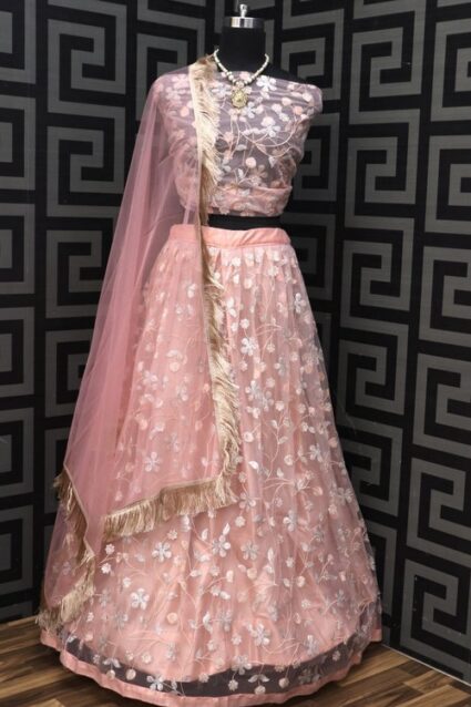 Peach Colour Embroidery Work Designer Net Lehenga