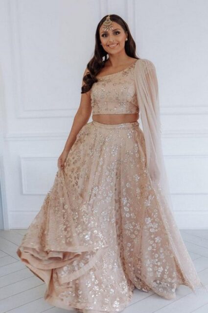 Peach Colour Embroidery Work Designer Net Lehenga