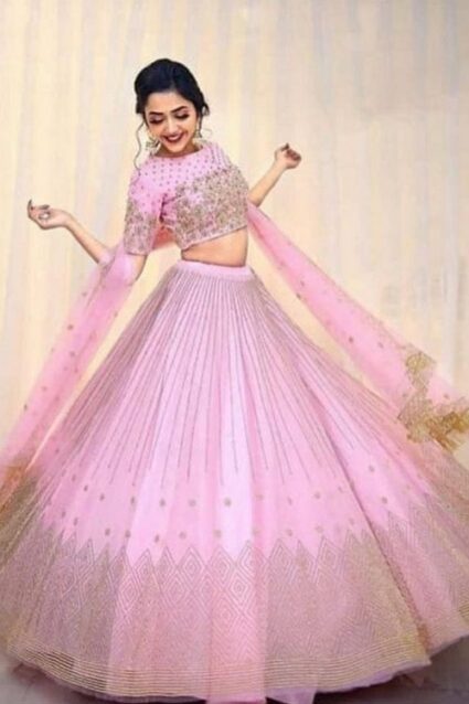 Pink Colour Embroidery Work With Cancan Designer Net Lehenga