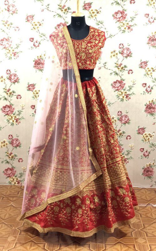 Red Colour Embroidery Work With Cancan Designer Silk Lehenga