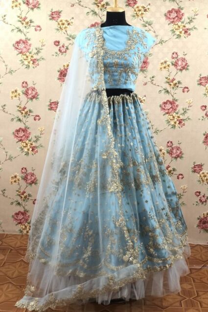 Sky Blue Colour Embroidery Work With Cancan Designer Net Lehenga