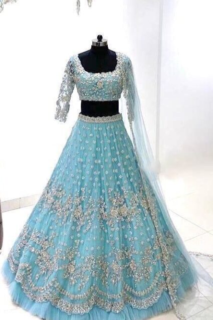 Sky Blue Colour Embroidery Work With Cancan Designer Net Lehenga