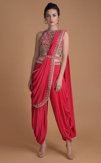 Stylish Pre Stitched Dhoti Saree in Peach Pink for Wedding