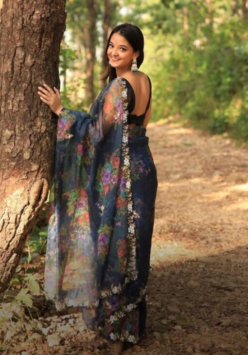 Black Colour Beautiful Designer Saree On Premium Organza Silk Fabric With Hand Work & Digital Print
