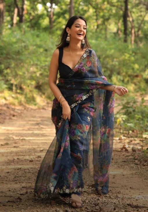 Black Colour Beautiful Designer Saree On Premium Organza Silk Fabric With Hand Work & Digital Print