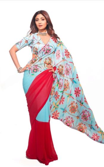 Blue Colour Shilpa Shetty Beautiful Designer Saree On Georgette Febric With Digital Print And Blouse