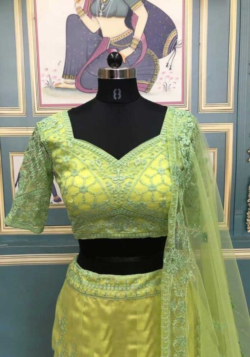 Bollywood Diva Madhuri Dixit Sage Green Lehenga Choli With Exquisite Thread Work