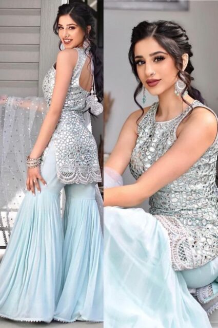 Cocktail Coral Blue Sharara Suit For Women Cocktail Coral Blue Sharara Suit For Women