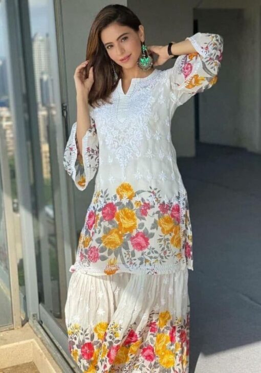 Comfortable White Sharara Suit With Subtle Embroidery
