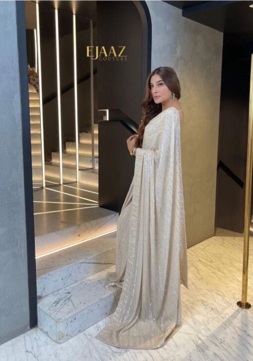 Cream Colour Beautiful Designer Saree On Premium Georgette Fabric With 9Mm Sequin Work