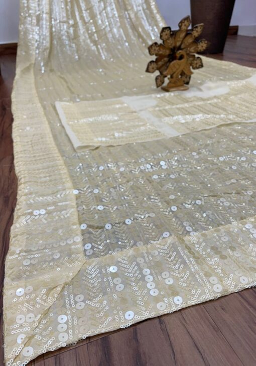 Cream Colour Beautiful Designer Saree On Premium Georgette Fabric With 9Mm Sequin Work