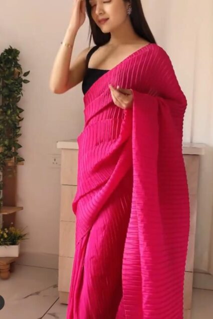 Dark Pink Beautiful Pleated Designer Saree On Georgette Fabric And Blouse On Benglori Silk