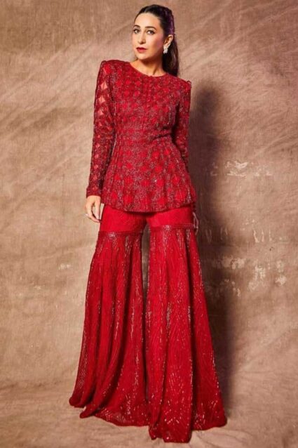 Dazzling Red Sharara Kurta Palazzo set by Karishma Kapoor for Party Wear