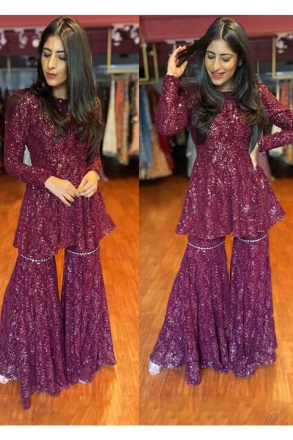 Designer Yankita Kapoor Wine Sharara Suit For Wedding Wear Designer Yankita Kapoor Wine Sharara Suit For Wedding Wear