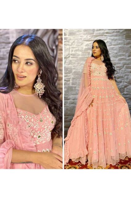 Divine Peach Ruffled Flared Gown For Party Wear