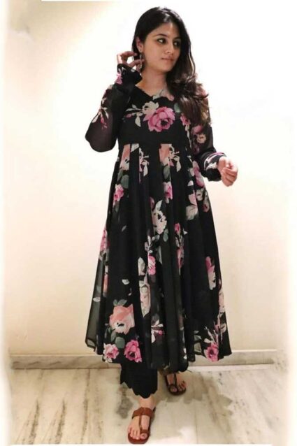 Fancy Black Salawar Suit For Women With Solid Georgette Dupatta