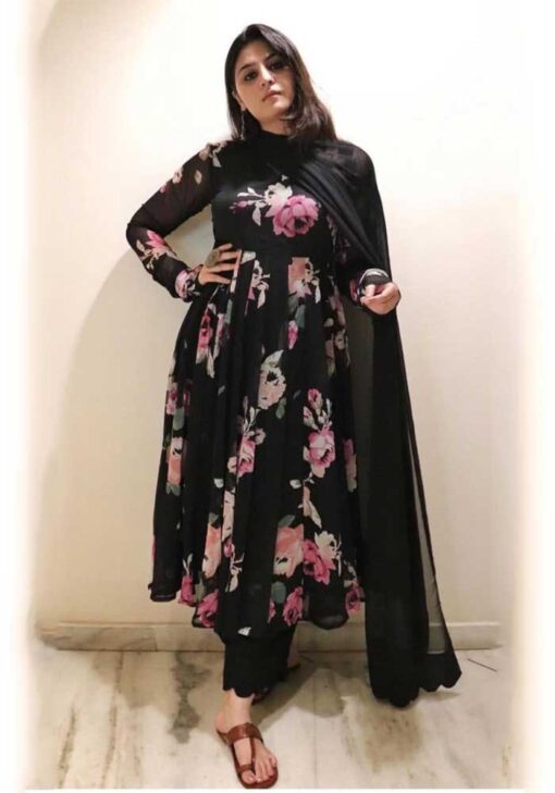 Fancy Black Salawar Suit For Women With Solid Georgette Dupatta