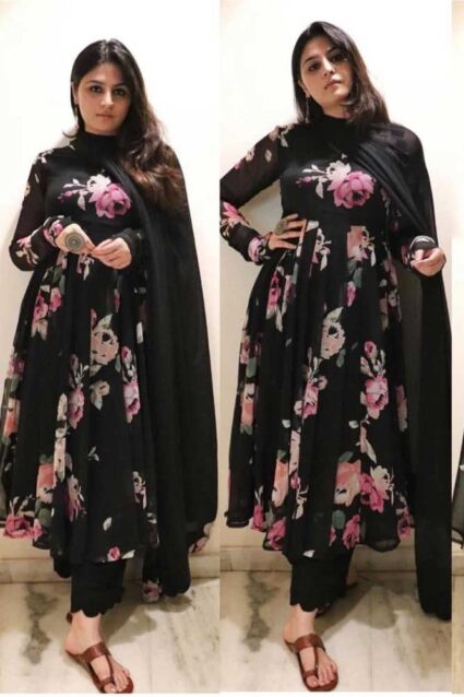 Fancy Black Salawar Suit For Women With Solid Georgette Dupatta