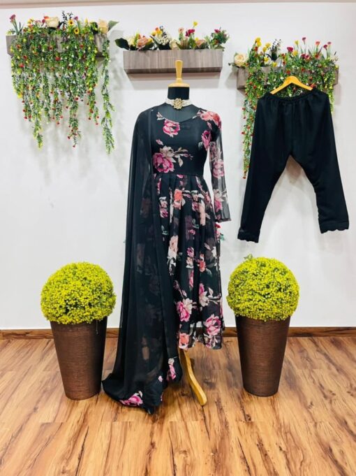 Fancy Black Salawar Suit For Women With Solid Georgette Dupatta
