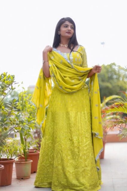 Glamorous Lime Green Lehenga Choli With Silver Sequin Embroidery