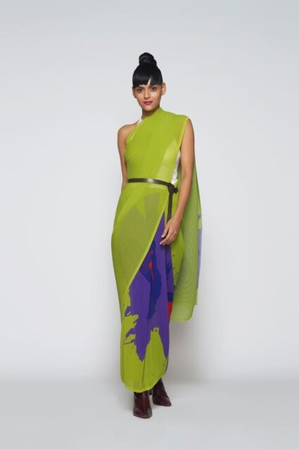 Green And Purple Colour Beautiful Pleated Designer Saree On Georgette Fabric With Digital Print