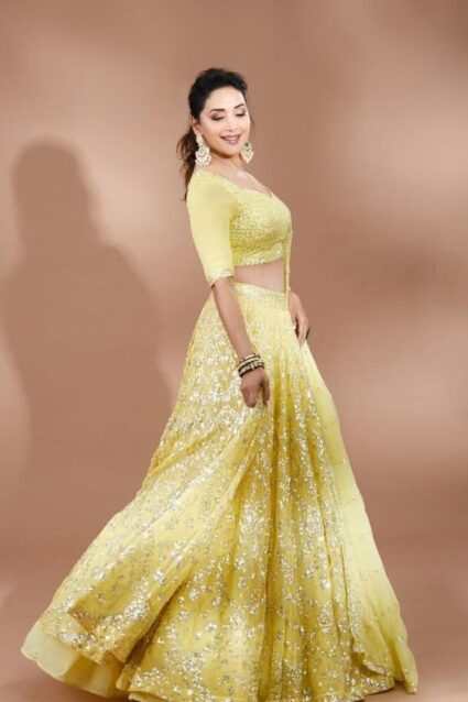 Madhuri Dixit Light Yellow Sequin Lehenga Choli For Haldi And Wedding