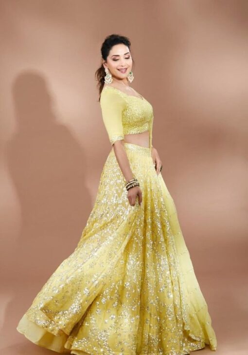 Madhuri Dixit Light Yellow Sequin Lehenga Choli For Haldi And Wedding
