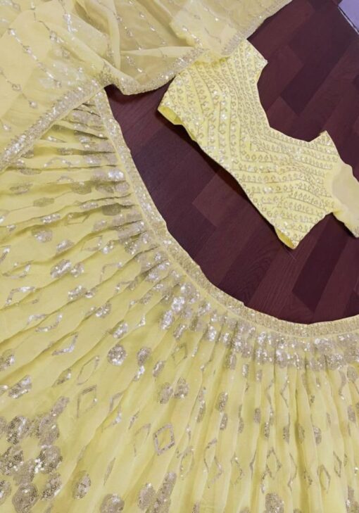 Madhuri Dixit Light Yellow Sequin Lehenga Choli For Haldi And Wedding