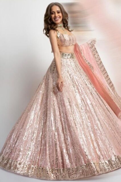 Nushrratt Bharuccha Pink Sequin Lehenga Choli Dupatta Set
