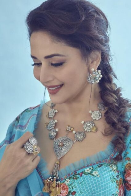 Online Madhuri Dixit Rich Silk Firozi Blue Lehenga Choli