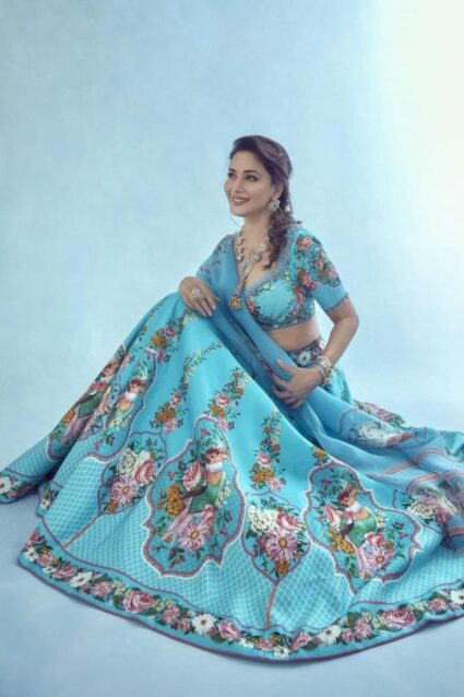 Online Madhuri Dixit Rich Silk Firozi Blue Lehenga Choli