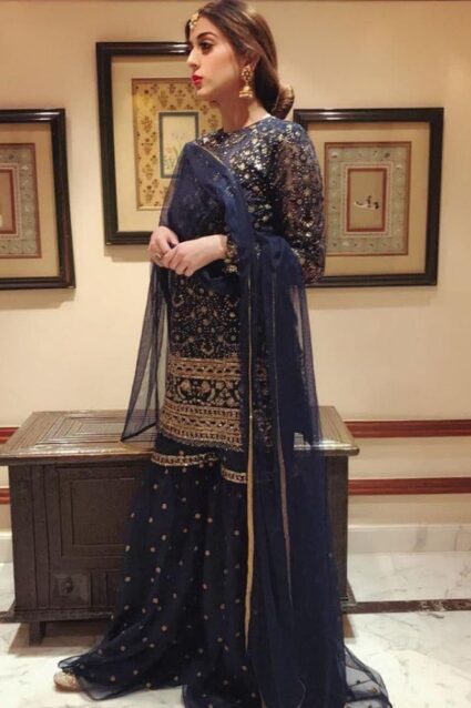 Pleasing Punjabi Sharara Suit In Navy Blue Color For Wedding Wear Pleasing Punjabi Sharara Suit In Navy Blue Color For Wedding Wear
