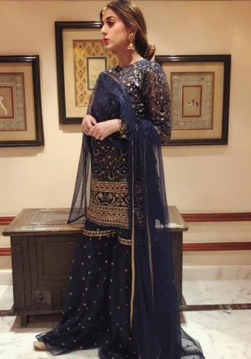 Pleasing Punjabi Sharara Suit In Navy Blue Color For Wedding Wear
