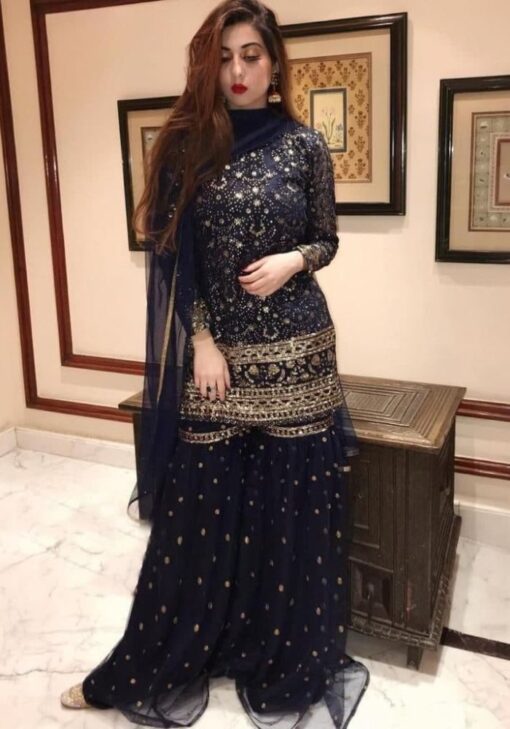 Pleasing Punjabi Sharara Suit In Navy Blue Color For Wedding Wear