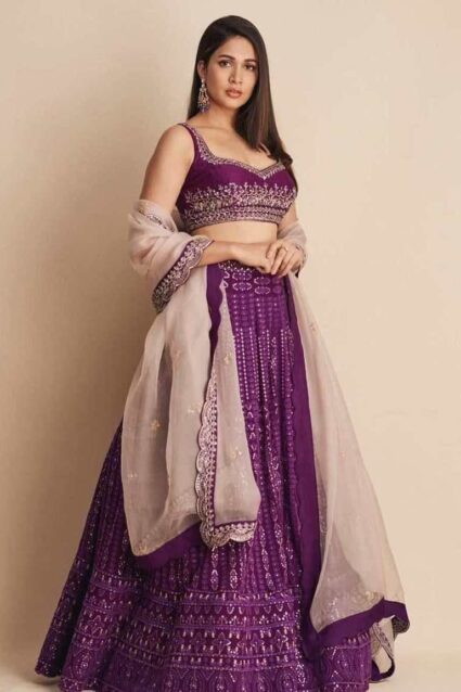 Plum Purple Lehenga Choli Full Flared With Sequin Embroidery