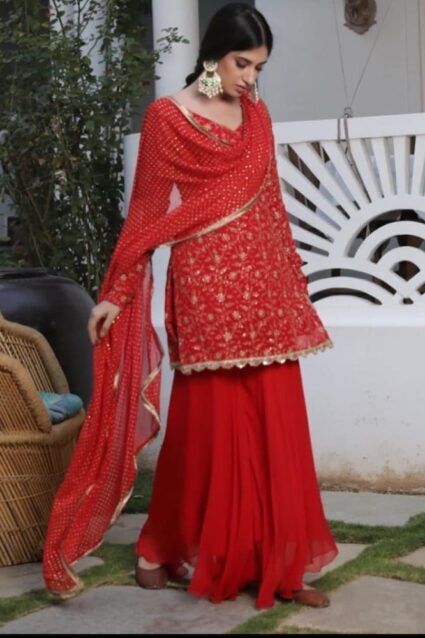 Radiant Red Party Wear Punjabi Sharara Suit Radiant Red Party Wear Punjabi Sharara Suit