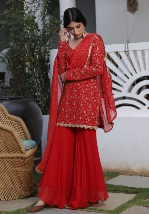Radiant Red Party Wear Punjabi Sharara Suit