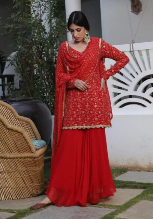 Radiant Red Party Wear Punjabi Sharara Suit