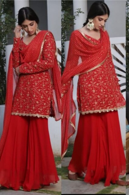Radiant Red Party Wear Punjabi Sharara Suit Radiant Red Party Wear Punjabi Sharara Suit