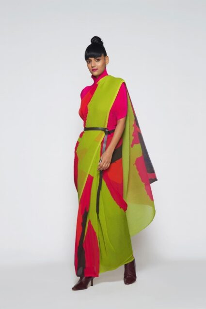 Green And Purple Colour Beautiful Pleated Designer Saree On Georgette Fabric With Digital Print
