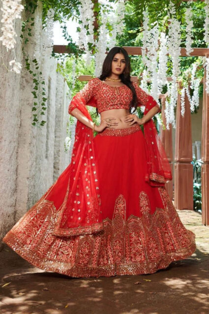 Red color designer Lehenga with Emobroidery and sequin work