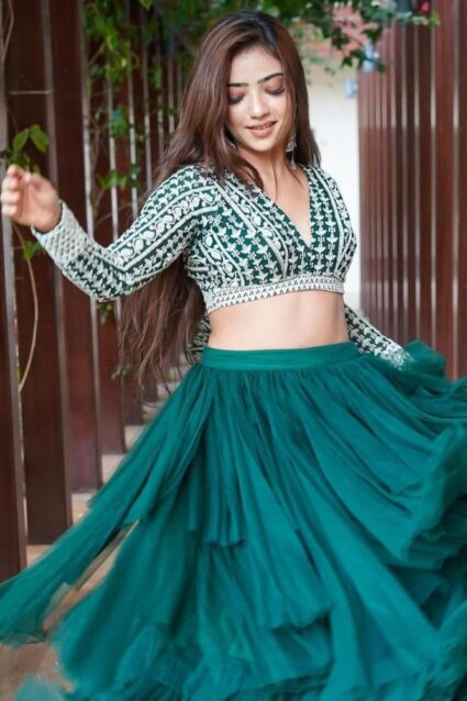 Stylish Sea Green Crop Top Lehena Choli For Women