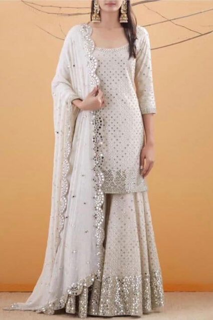 White color designer suit with Embroidery and sequin work with sharara White color designer suit with Embroidery and sequin work with sharara