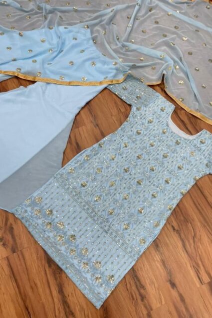 Yankita Kapoor Trendy Sky Blue Sharara Suit with Sequence Embroidery Yankita Kapoor Trendy Sky Blue Sharara Suit with Sequence Embroidery